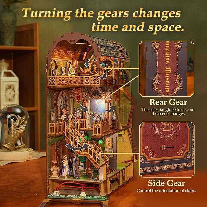 Tonecheer DIY Book Nook Kit for Adults, 3D Wooden Puzzle Bookend Miniature House Kit, Booknook Bookshelf Insert Decor with Dust Cover and LED Lights Gifts (Spacetime Museum)