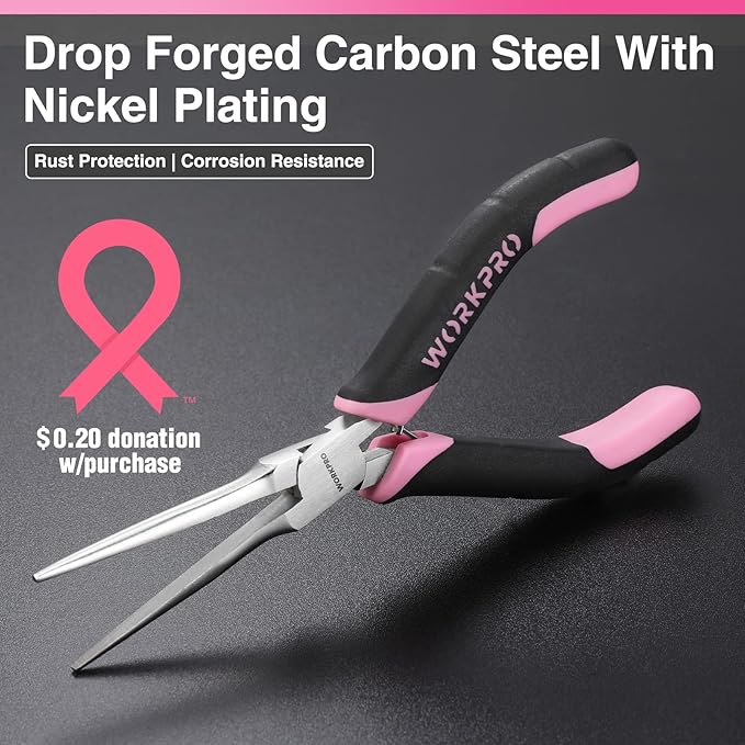 WORKPRO 6-Piece Mini Pliers Set, Needle Nose, Long Nose, Bent Nose, Diagonal, End Cutting and Linesman, for Crafts Work, Electronic Repair, with Pouch - Pink Ribbon