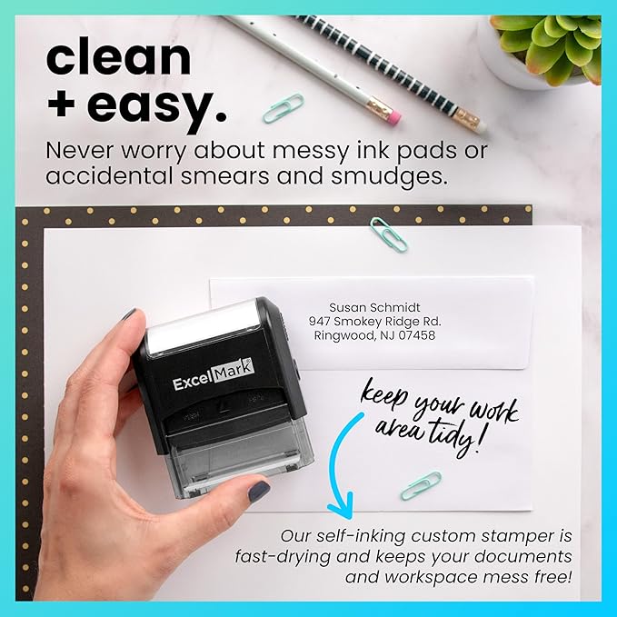ExcelMark Custom Stamp – Clear & Crisp Impressions – Personalized Self-Inking Rubber Stamp – Use for Address Stamp and More (Large)