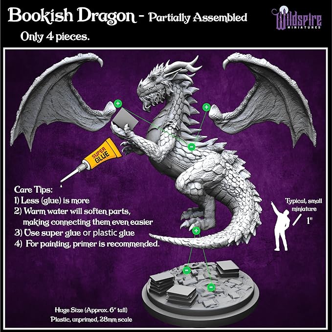 Wildspire Fantasy Monsters & Bookish Dragon for DND Miniatures Unpainted Bulk 28mm-32mm Dungeons & Dragons Minis Pathfinder Figures Fantasy Unpainted Tabletop RPG Miniature Starter Set for D&D