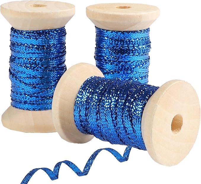 Royal Blue Gold Thin Ribbon 1/8 inch Metallic Braided Double Faced Ribbons Curling Ribbons For Balloon String Crafts Gift Wrapping Party Wedding Christmas Ornaments Decoration 7 Yard x 3 Rolls