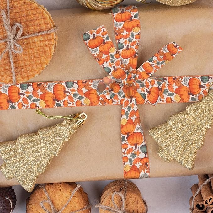 2 Rolls Fall Pumpkins Ribbons for Bows, Thanksgiving Wired Edge Burlap Ribbon Autumn Maple Leaves Plaid Ribbons for Gift Wrapping Thanksgiving Decoration Supplies