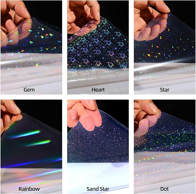 36 Sheets Holographic Sticker Paper, Clear Vinyl Lamination Sticker Film Self Adhesive, Transparent Overlay Laminate Sticker Paper Waterproof-Gem/Dots/Sand Star/Rainbow/Star/Heart, 8.5x11 Inch