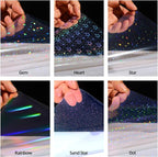 36 Sheets Holographic Sticker Paper, Clear Vinyl Lamination Sticker Film Self Adhesive, Transparent Overlay Laminate Sticker Paper Waterproof-Gem/Dots/Sand Star/Rainbow/Star/Heart, 8.5x11 Inch
