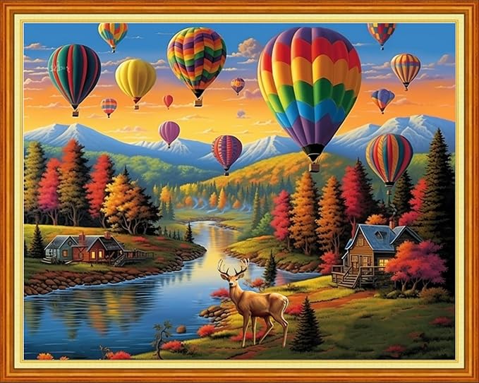 Joyhoor Cross Stitch Kits for Beginners Stamped Cross-Stitch Supplies Needlework preprint Embroidery Kits for Adults DIY Needlepoint Kits Embroidery Patterns 11CT-Rural hot air Balloon 16x20 inchs