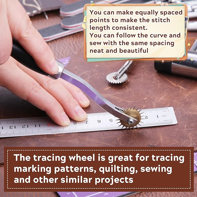 JNENERY 4PCS Tracing Wheel Sewing Tool,Professional Stitch Marking Spacer,Wood and Stainless Steel Pounce Wheel,Pounce Wheel for Sewing Patterns with Wooden Handle forTracing Paper and Leather Crafts