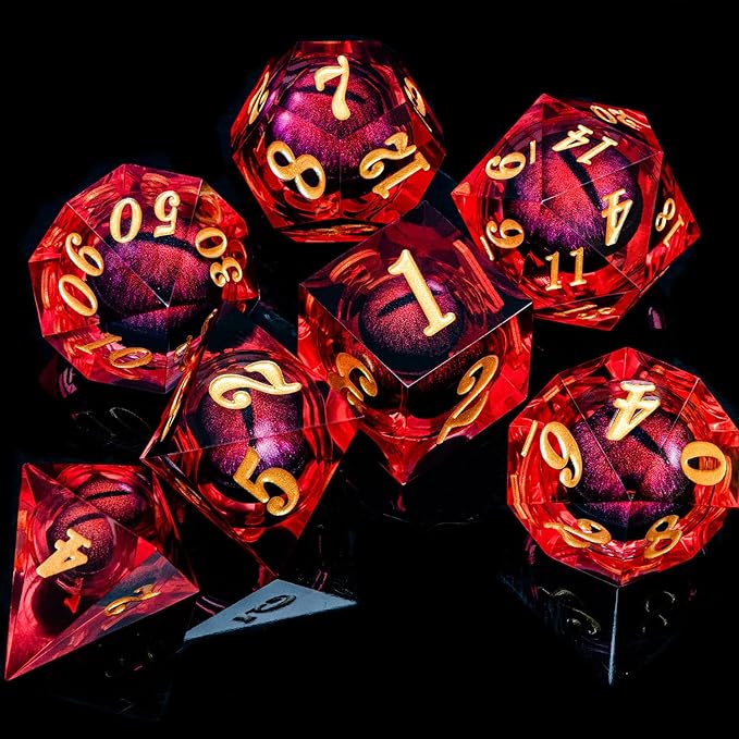 ARUOHHA DND Dragon Eye Dice Liquid Core Red Resin Sharp Edged Dice with Gift Box, Polyhedral D and D Dice Set Handmade Role Playing Game D20 D12 D10 D8 D6 D4