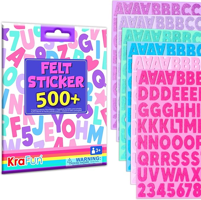 KRAFUN Felt Sticker Kit for Beginner Young Girls and Kids Arts & Crafts, Pack of 500+ Assorted Scrapbook Stickers Alphabets, Numbers, Fun Shapes, Preschool, Children Early Learning, self Adhesive