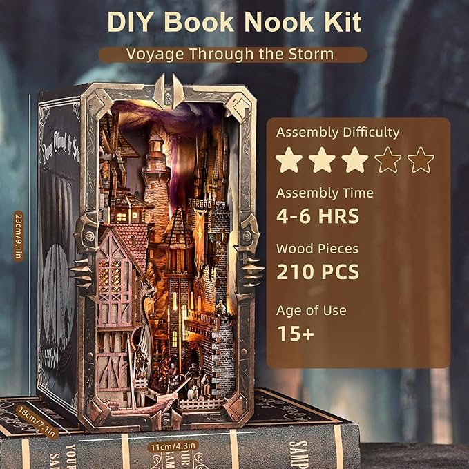 Book Nook Kit - DIY Miniature House Dollhouse Kit for Adults and Teens, Medieval Fantasy Viking Theme Bookshelf Decor 3D Wooden Puzzle Bookend, Gifts for Family, Friends (Voyage Through The Storm)