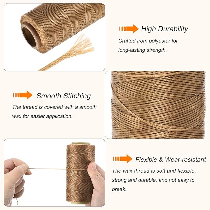 MECCANIXITY Waxed Thread,284 Yard 0.8mm 150D Flat Wax Thread Polyester Waxed String for Leather Sewing Hand Weaving Book Binding Home Decoration,Coffee
