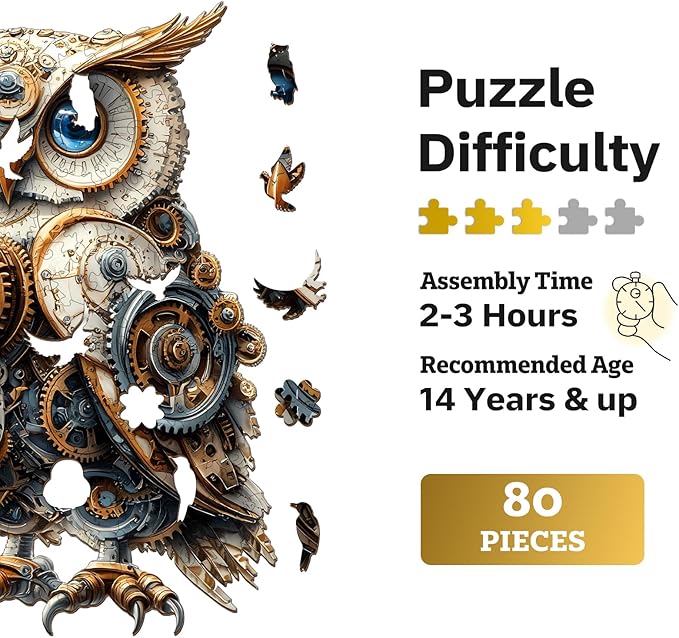 Jigfoxy Wooden Puzzles for Adults, Mechanical Owl Wood Puzzles Adult, Unique Animal Shape Wooden Jigsaw Puzzles for Adults, Birthday Gifts for Puzzle Lovers, Family(S-8.5 * 5.8in-80pcs)