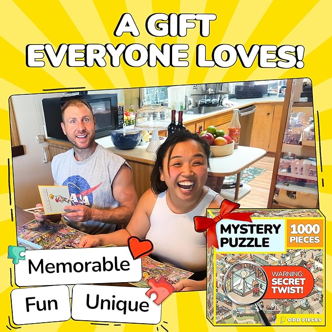 Odd Pieces Jigsaw Puzzles 1000 Pieces - Magic Mystery Story Secret Ending Puzzle - Perfect Game Night for Adults & Kids - Cat Dog Cartoon Theme (Snack Attack)