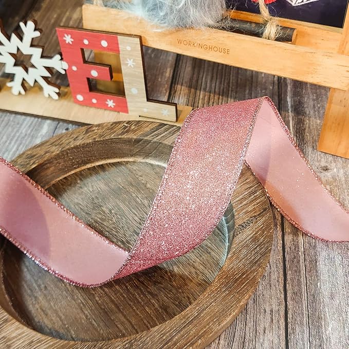 CT CRAFT LLC Glitter Wired Ribbon 1.5" x 10 Yards Rose Gold for Christmas Home Decor Bow Gift Wrapping DIY Crafts Wreath