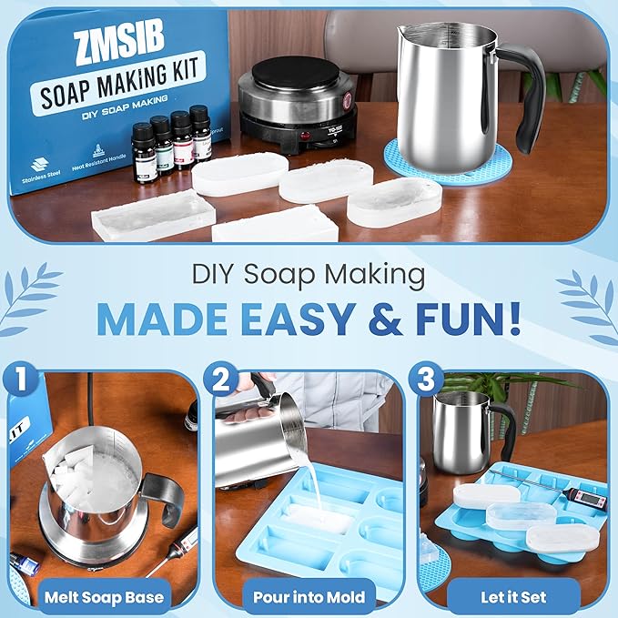ZMSIB Soap Making Kit with 900ml Stainless Steel Melting Pot | All-in-One DIY Soap Making Kit with Silicone Mold | Digital Thermometer | Soap Base | Mixing Spoon | Heat Resistant Mat & Electric Stove