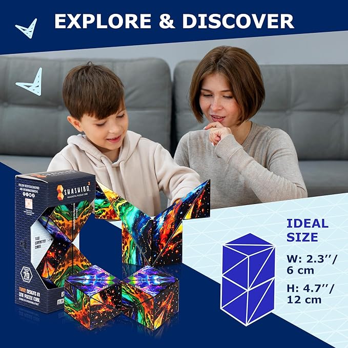 Shashibo Squared Shape Shifting Box – Next Generation XL STEM Magnetic Fidget Cube That Transforms Into Over 70 Shapes – Pairs w/All Shashibo Cubes - Download Fun in Motion Toys Mobile App (Infinity)
