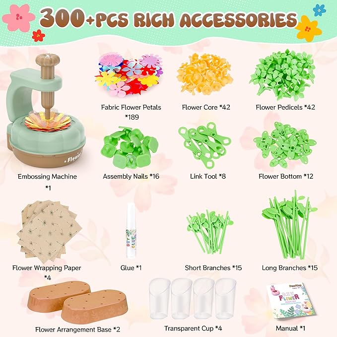 GirlsHome 300+PCS Fabric Flower Bouquets Toys, DIY Flower Crafts Kits for Kids, Arts and Crafts for Kids Ages 6-8 Girls, Build Flower Bouquet, STEM Educational Toy Preschool Gifts (Green Brown)