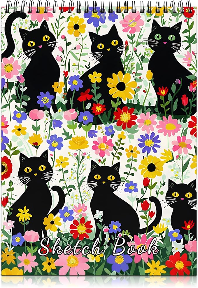 Cabreche Cute Sketchbook Top Spiral Bound Sketch Pad, 9 x 12 inch,100GSM Thick Paper,50 Sheets 100 Pages,Art Sketch Book Artistic Writing Drawing Paper for Girls Women Beginners-Flower Cat
