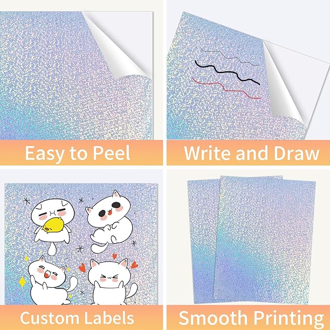 Printable Sticker Paper, Holographic Printable Stickers Paper, Laser/Inkjet Printing- Letter Size(8.5" x 11”- 20 Sheets)