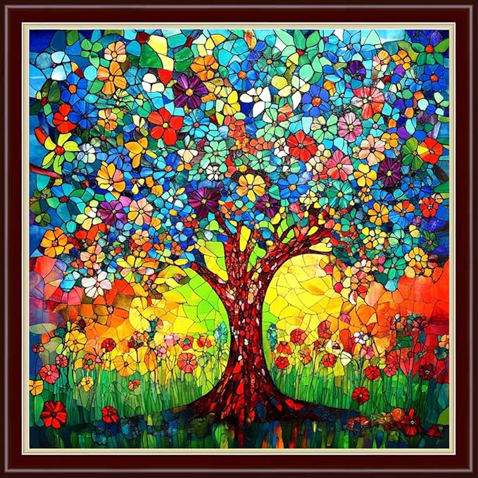 Dimensean Stamped Cross Stitch Kits Full Range of Embroidery Patterns Starter Kits for Beginners Adult or Kids DIY Cross Stitches Needlepoint Kits 11CT-Colorful Tree of Life 18x18 inch