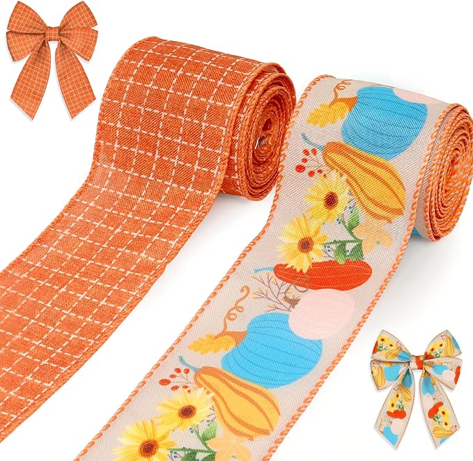 2 Rolls Fall Pumpkins Leaves Ribbons for Bows, Thanksgiving Wired Edge Ribbon Orange Buffalo Plaid Burlap Ribbons for Gift Wrapping Autumn Thanksgiving Decoration Supplies