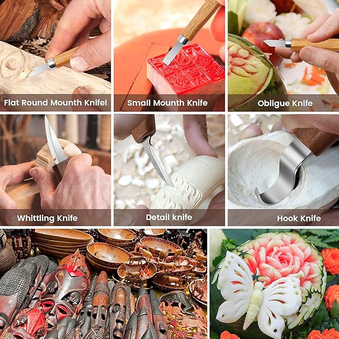 10Pcs Wood Carving Kit, Beginner Set With Resistant Gloves, Spoon & Whittling Knife, Sandpaper for Woodworking