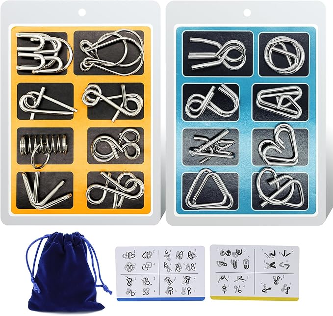 Metal Wire Puzzle 16-Piece Set with Pouch – IQ Test Brain Teaser Disentanglement Chinese Ring Fidget Toy for Kids & Adults – Portable Party Favor