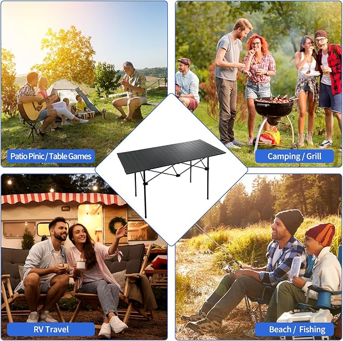 Camping Table 4Ft Folding Table Folding Picnic Aluminum Roll up Camp for Outdoor Beach Grill BBQ Travel Black