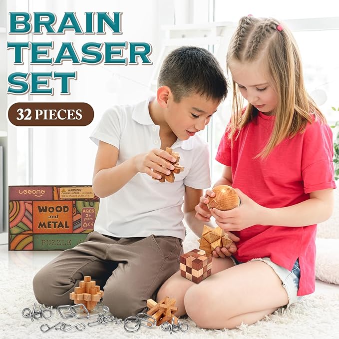 Brain Teaser Wooden Metal Puzzles - Stocking Stuffers Brain Teaser Disentanglement Iron Link Unlock Interlock Game Chinese Ring Magic Trick Toy for Party Favors Kids Adults Challenge 32pack