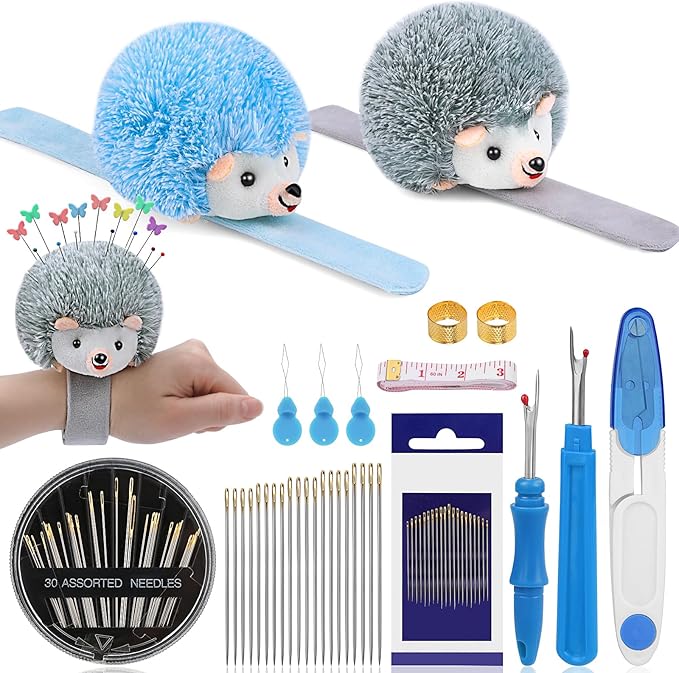 UzecPk Wrist Pin Cushion Kit, Sewing Products Including 2 Wrist Pin Cushion, 50Pcs Sewing Needles, Seam Ripper, Thimble, Scissors, and Soft Tape Measure for Sewing and Quilting DIY Projects
