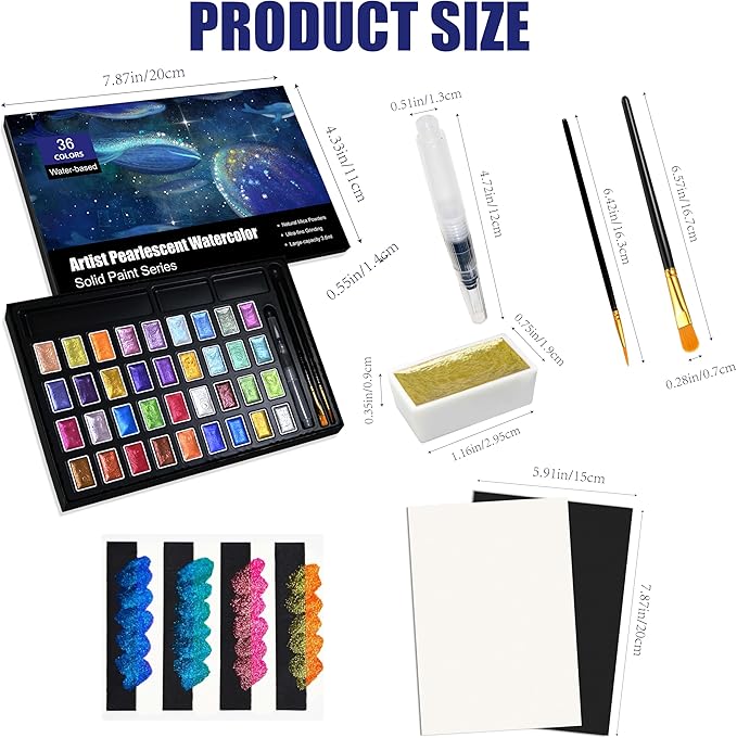 Shimmer Watercolor Paint Set, 12 Colors Glitter Metallic Watercolour Painting Sets, Solid Pearl Water Color Paints for Artists, Amateur Hobbyists and Painting (36 Colors)