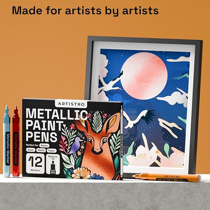 ARTISTRO 12 Metallic Paint Pens for Glass, Rock Painting, Ceramic, Wood, Fabric, Pebbles, Scrapbook Journals, Photo Albums, Card Stocks - Acrylic Paint Markers Medium Tip 3.0mm