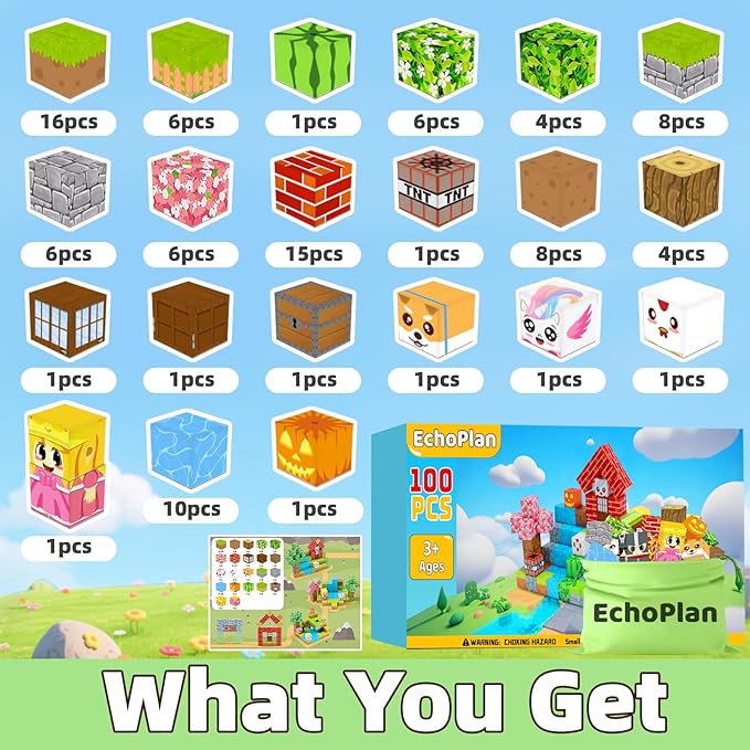 EchoPlan Magnetic Blocks, 100PCS Magnetic Building Blocks to Build a 3D World, STEM Sensory Construction Stacking Magnet Blocks Toy for Kids Ages 3+, Boys and Girls Christmas Birthday Gifts