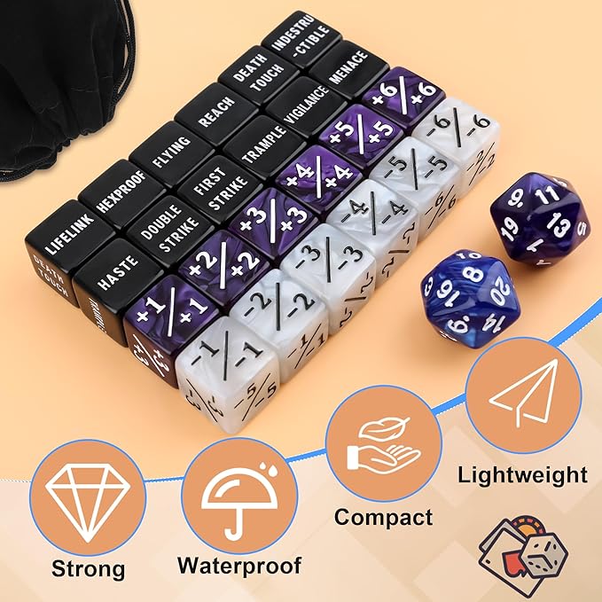 50PCS MTG Dice Counters, 24PCS Abilities Keywords/ 24P -1/+1 Buff Tokens/ 2P D20 Cube Dices/Storage Bag, MTG Counters for TCG Card Games