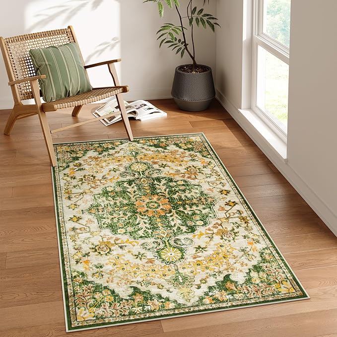 Lahome Bohemian Floral Medallion Area Rug - 3x5 Soft Rug for Bedroom Living Room Mat, Cute Washable Indoor Floor Throw Carpet for Office Entry Way Apartment Dressing Room RV, Yellow/Green/Multi