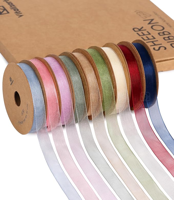 Vitalizart 3/8" x 90 Yards Organza Ribbon Pastel Color 9 Rolls x 10 Yd Sheer Ribbon for Gift Wrapping Crafts Christmas Tree Bows Wedding Invitations Wreaths Party Decor Bouquet DIY Projects