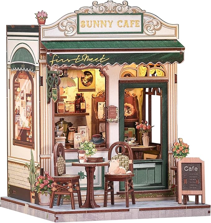 Cutefun Book Nook Kit - DIY Miniature Coffee Shop Dollhouse Kit for Adults and Teens, 3D Wooden Cafe Puzzle Mini House Building Kit with LED Bookshelf Insert Decor Creative Gifts (Sunny Cafe)