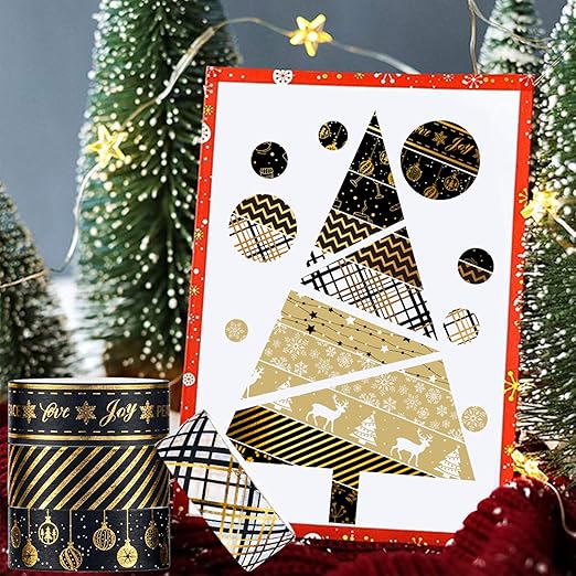 Whaline 12 Rolls Christmas Washi Tape Black Gold Xmas Washi Masking Tape Foil Gold Snowflake Xmas Tree Xmas Tree Ball Plaid Pattern Decorative Tape for Scrapbook Journal DIY Craft Gift Wrapping
