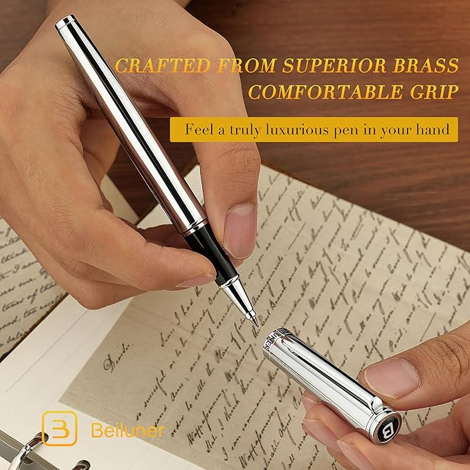 BEILUNER Luxury Silver Rollerball Pen, Stunning Bright Silver Chrome Finish,Noble and Elegant Designs,Schneider Ink Refill, Best Gift Pen for Men & Women, Professional, Executive Office, Fancy Pens