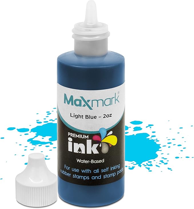 MaxMark Premium Refill Ink for self Inking Stamps and Stamp Pads, Light Blue Color - 2 oz.