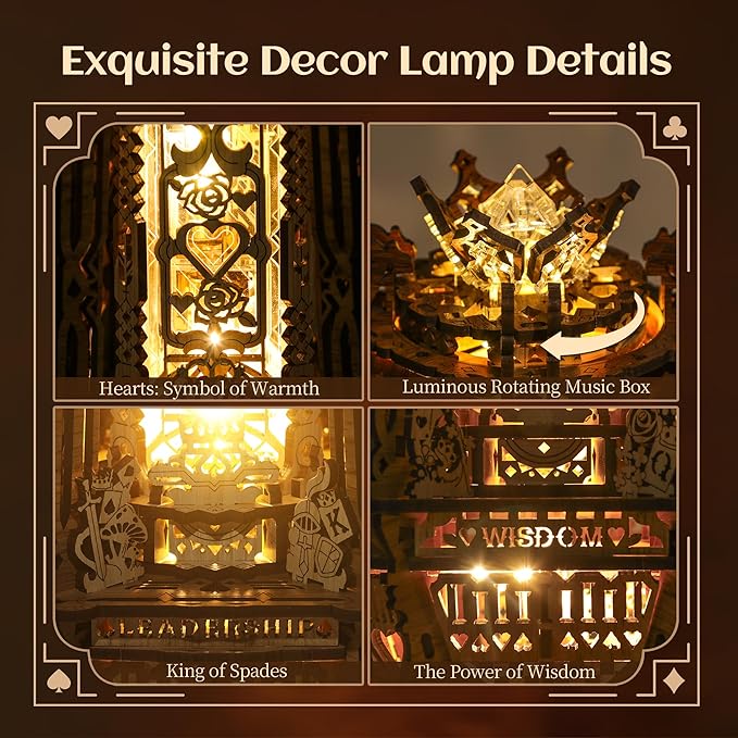 LED 3D Wood Puzzle Poker World Projector Lamp – DIY Craft Kit with LED Lights and Music Box – Creative Poker-Themed Lamp, Nightlight Gift for Home Décor (White Maple)