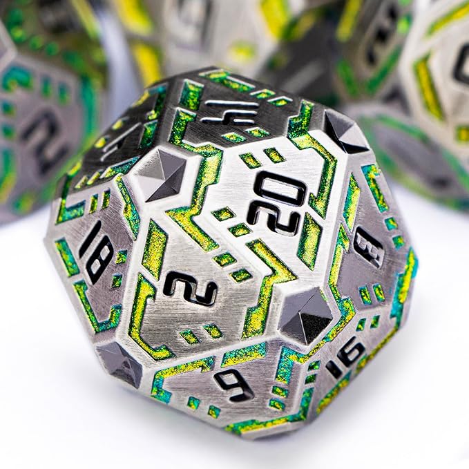 Metal DND Sci-fi Dice Set 7PCS Stripe Polyhedral Dice for Dungeons Dragons RPG Role Playing Game, Glitter D and D Dice with Gift Box D6 D8 D10 D12 D20 (Grey&Green Yellow)