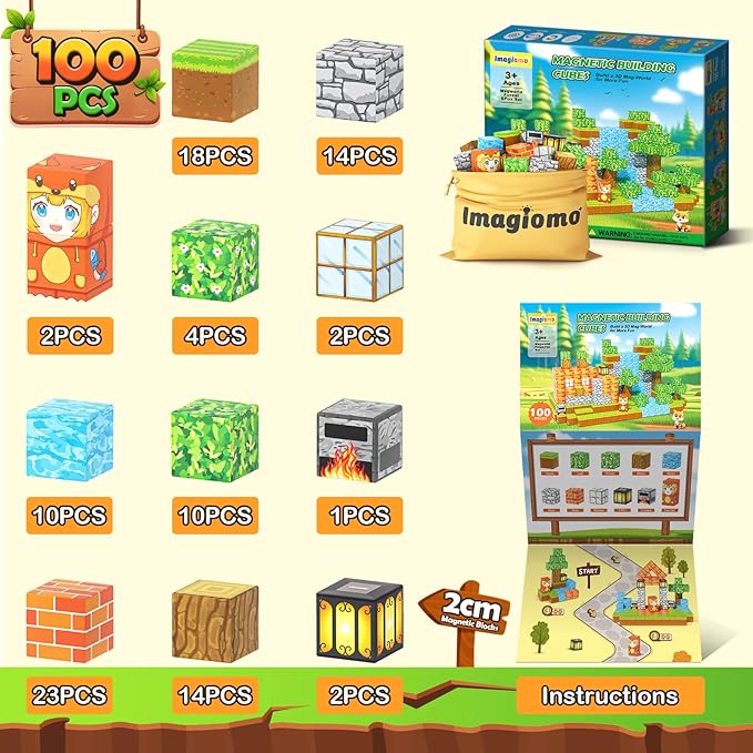 100PCS Magnetic Blocks - Build Mine Magnet World Froest Fox Adventure Set, Magnetic Toys Kids Games for Boys & Girls Age 3-5 5-7 8-12, Sensory Construction Outdoor Toys for Toddlers Birthday Gifts
