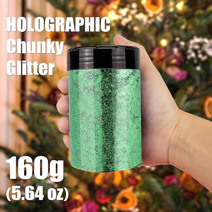 Chunky Glitter, 160G/5.64OZ Craft Glitter for Epoxy Resin, Mixed Fine Glitter & Chunky Glitter, Metallic Chunky Glitter for Hair, Nail Arts, Body, Bulk Glitter for DIY Tumbler Painting (Xmas Green)