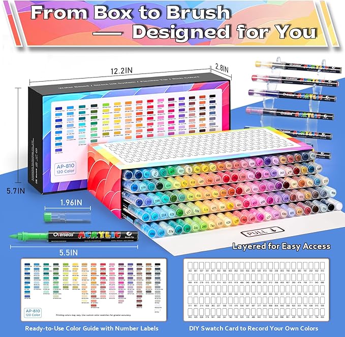 Overseas Acrylic Paint Markers 120 Colors, Brush Tip Paint Pens with Automatic Ink Control System, Quick Drying Liquid Ink Acrylic Marker for Rock, Wood, Canvas, Glass, Fabric, Metal, Plastic, Rubber