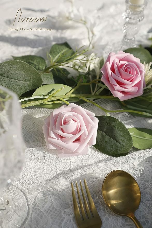 Floroom Artificial Flowers 25pcs Real Looking Blush Pink Ombre Colors Foam Fake Roses with Stems for DIY Wedding Bouquets Bridal Shower Centerpieces Floral Arrangements Party Tables Home Decorations