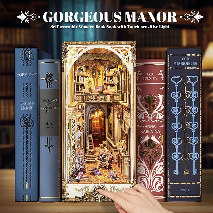 Book Nook Kit, DIY Miniature Dollhouse Kit Book Nook, 3D Wooden Puzzle Bookends for Bookshelf Insert Decor with LED Light for Teens and Adults (Baroque Dreams)