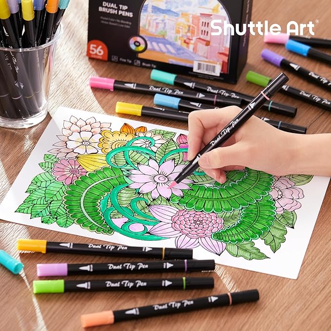 Shuttle Art Pastel Brush Pens, 56 Pastel Colouring Pens, Dual Tip Brush Markers with Fineliner Tip, Drawing Felt Tip Pens for Adults Colouring Books, Painting Sketching Calligraphy and Journaling