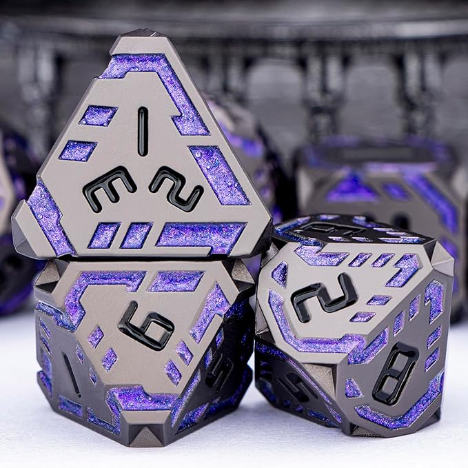 Metal DND Sci-fi Dice Set 7PCS Stripe Polyhedral Dice for Dungeons Dragons RPG Role Playing Game, Glitter D and D Dice with Gift Box D6 D8 D10 D12 D20 (Black Purple) ﻿