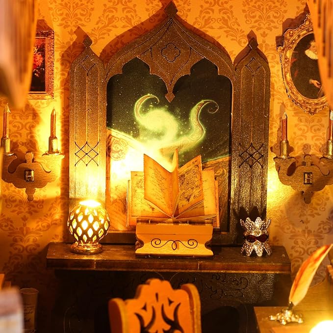 DIY Book Nook Kit, Miniature Dollhouse Bookshelf Insert with LED Light, 3D Wooden Puzzle Bookend Insert, Perfect for Teens and Adults, Magic Book