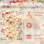 60 Sheets Monet Floral Garden Tissue Paper, 20 x 14 Inch Wildflower Monet Garden Patterns Art Wrapping Paper for Spring Birthday Wedding Spring Party Baby Shower Party Supplies